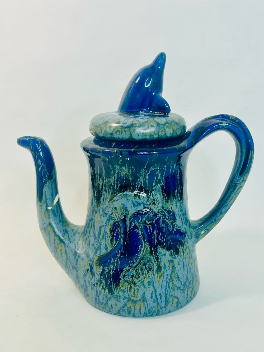 Doug Wylie Original Clayfish Design 1981 Blue Dolphin Teapot, CRACKS/CHIPS
